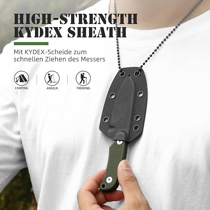 Omesio Neck Knife with Clip 5.9 Fixed Blade With Kydex Sheath and Necklance Nessmuk Blade Small Full Tang Tactical D2 Steel G10 Handle for EDC Outdoor Survival