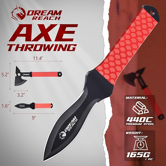 Dream Reach Throwing Axe Set - 6PCS Full Tang Throwing Hatchet with TPR Rubber Sleeve and Protective Sheaths for Recreation and Competition Game