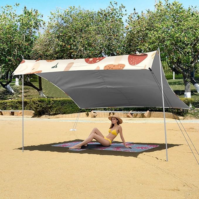 Cute Frogs and Safari Mushrooms Smoke Foldable Beach Cabana UPF50+ Waterproof Large Sun Shelter with Sandbags and Shovel for Family Trips Picnics &amp Camping