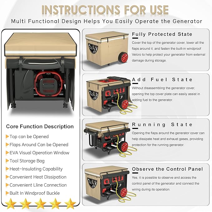 2025 Upgrade Generator Covers While Running 900D+210D Double Layer Production Heavy Duty Dustproof and Waterproof Generator Covers for 5000W-10000W Frame Generators khaki with Storage Bag