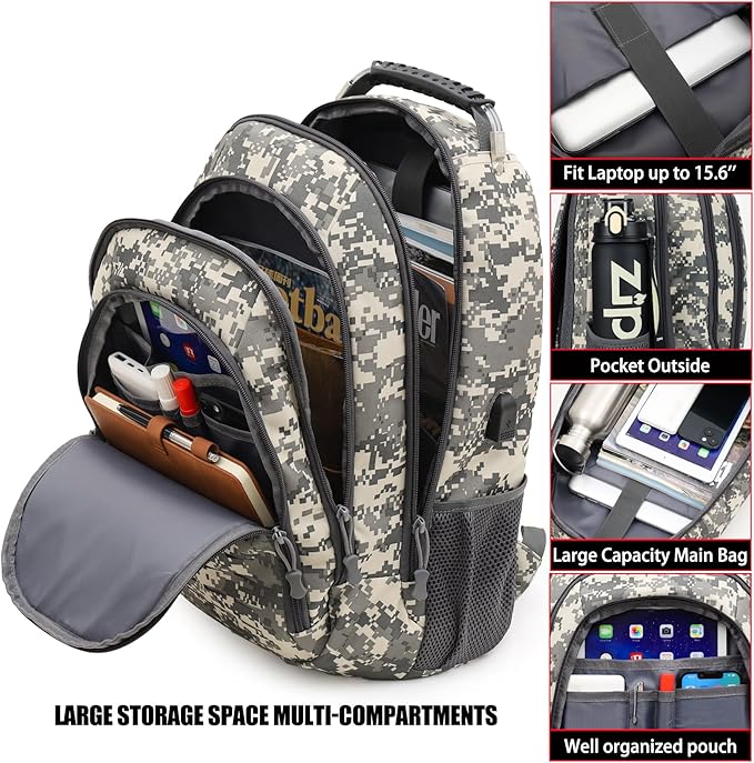 Camo Backpack for boys Teen Boys Backpacks for SchoolCamo Bookbag for kidSmall Tactica Backpack for outdoor with USB Charging Port40L