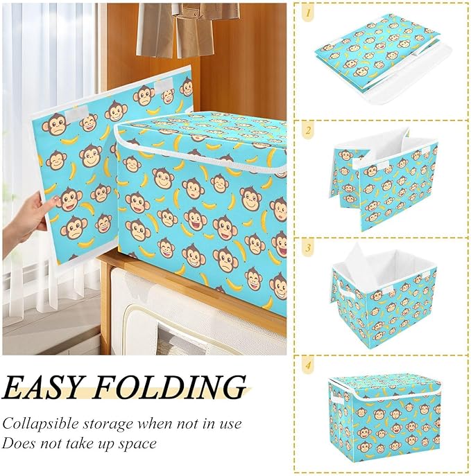 MNSRUU Containers Baskets with Lids Banana Monkey Face Blue Foldable Storage Bins Organizer with Lid Collapsible Storage Boxes for Home Bedroom Closet Office