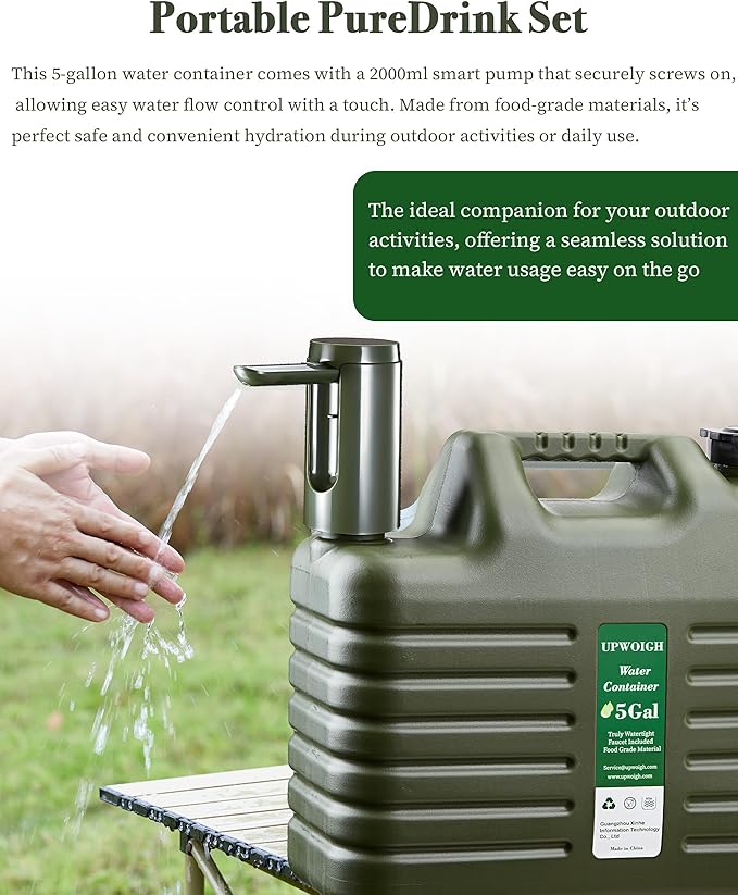 Portable 5 Gallon Water Jug with Automatic Touch Control PumpTruly No Leakage Water Container with SpigotType-C Rechargeable Military Green Water Pump Gear for Outdoors Camping Hiking