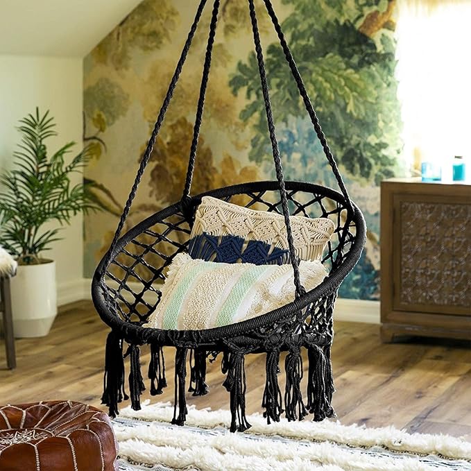 Hanging Swinging Chair Macrame Hammock Hanging Swinging Chairs with Soft Cushions and Hardware Accessories Hanging Chair for Indoor and Outdoor Use 3 Installation Methods Beige (1 Black)