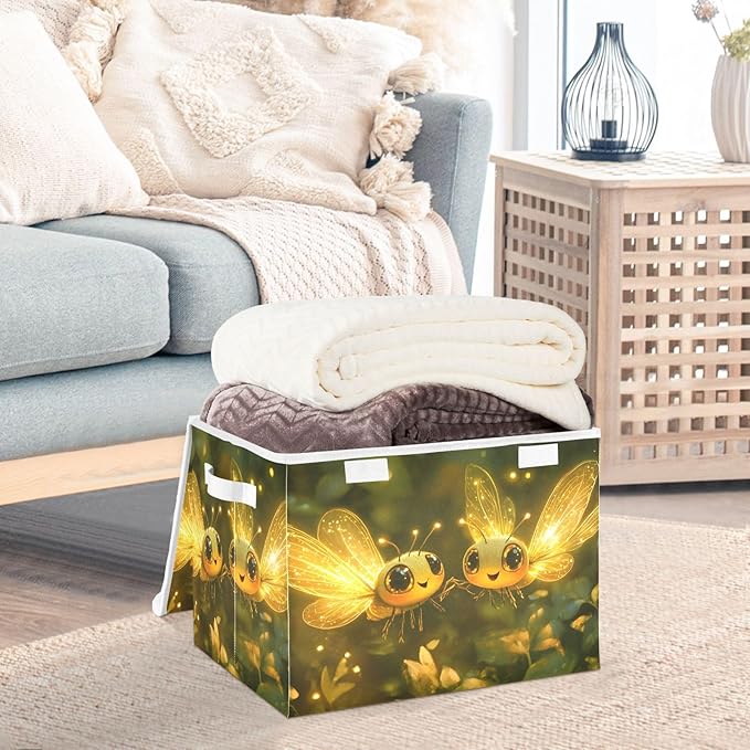 AIXIWAWA Lidded Storage Cube (Bees Golden) Fabric Foldable Closet Bins with Flip Lid and Handles Organizer Basket Container 16.5 x 12.6 x 11.8 IN