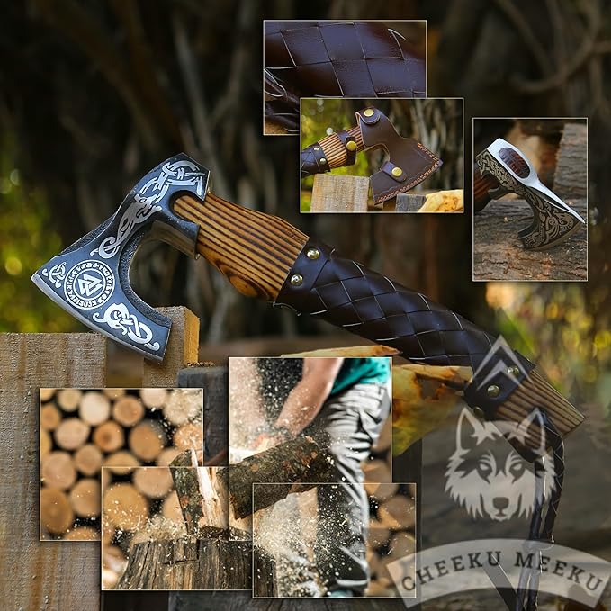 Custom Handmade Carbon Steel Real Viking Axe HatchetCamping Axe Birthday Gift for him Leather Wrapped Handle and Leather Sheath ((FM 24))