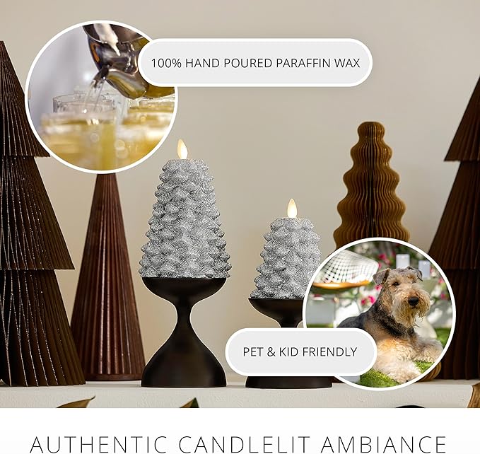 Luminara Brilliant Silver Glitter Flameless LED Candle North Tree Moving Flame Pillar (3.8 x 6)