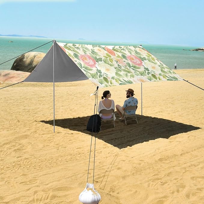 xigua Wildflowers Beach Tent Sun Shelter with Carrying Bag - Silver Coated Oxford Fabric Beach Canopy for Beach Camping Fishing - Includes Windproof Ropes Sandbags &amp Stakes