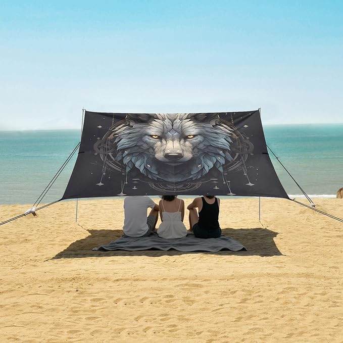 ALAZA Wolf Artwork Beach Tent Sun Shelter UPF50+ Protection Beach Shade Canopy w/ 4 Sandbags for Outdoor Camping Fishing Backyard Fun Picnic 10x9 ft