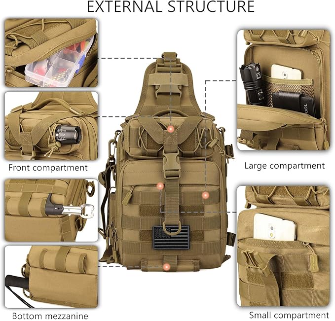 Protector Plus Tactical Sling Bag Military MOLLE Crossbody Pack Chest Shoulder Backpack (Patch Included) | Chest Shoulder Patch Included