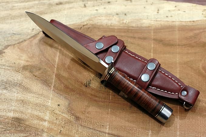 GCS Handmade Stacked Leather Handle D2 Tool Steel Tactical Hunting Knife with leather sheath Full tang blade designed for Hunting &amp EDC GCS 8