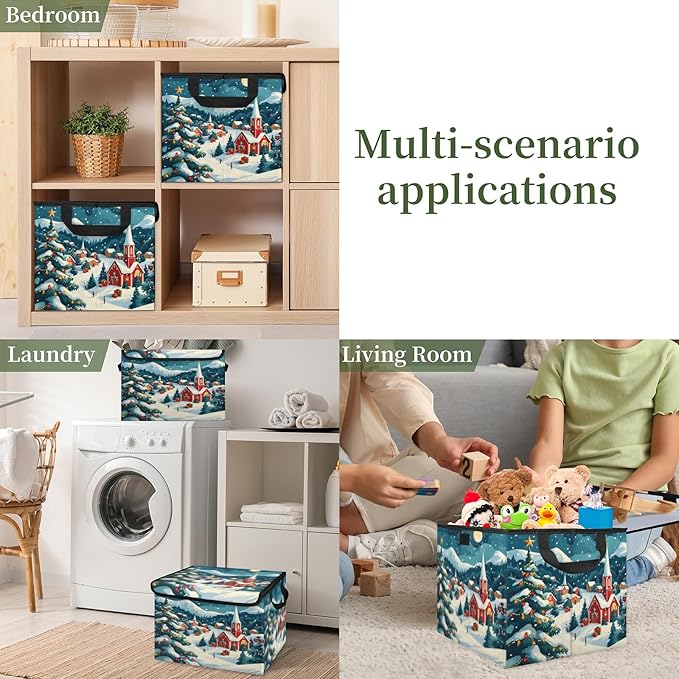 Christmas Xmas Storage Basket with Lid Winter Village Foldable Storage Box Fabric Storage Bins with Carrying Handles for Home Bedroom Closet Organization