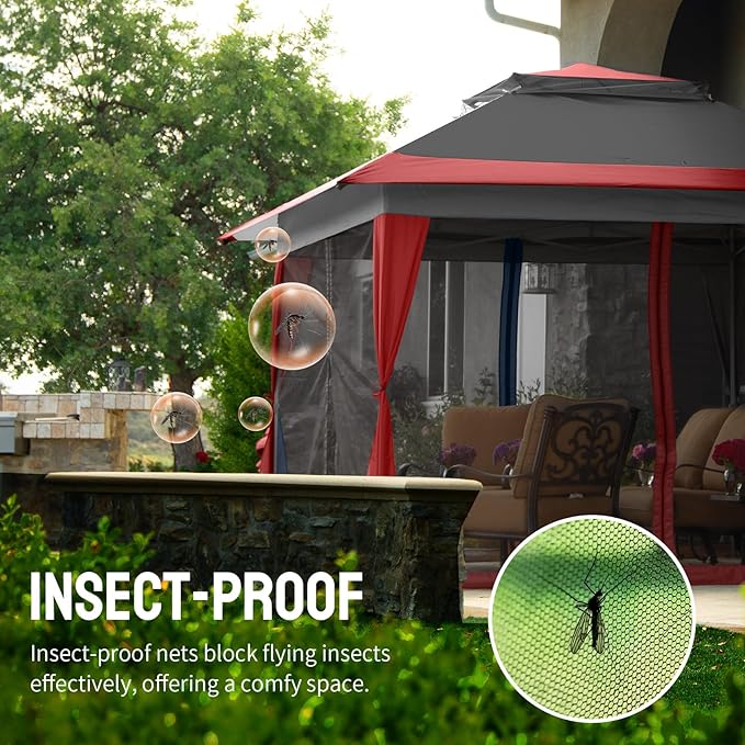 CROWN SHADES 13x13 Pop Up Gazebo Canopy Tent Gazebos on Clearance - Outdoor Gazebo for Backyard &amp Patio Furniture - Carpa Pop Up Tent with Wheeled STO-N-Go Cover Bag (Red &amp Grey)