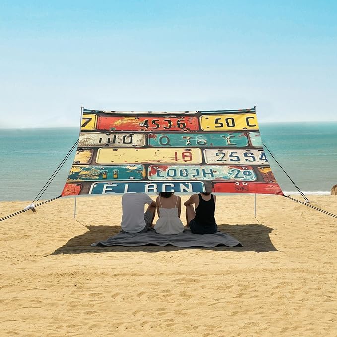 ALAZA Retro Auto License Plates Beach Tent Sun Shelter Portable Canopy Sunshade for Outdoor Camping Picnics Backyard Fun 10x9 ft
