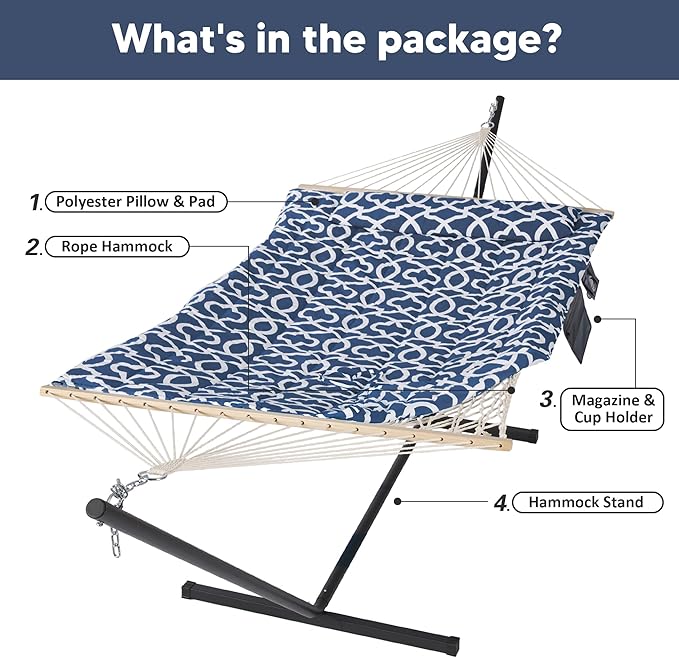 SUNCREAT Double Portable Hammock with Stand Included 475 lbs Capactiy Extra Large Two Person Hammock Blue Pattern