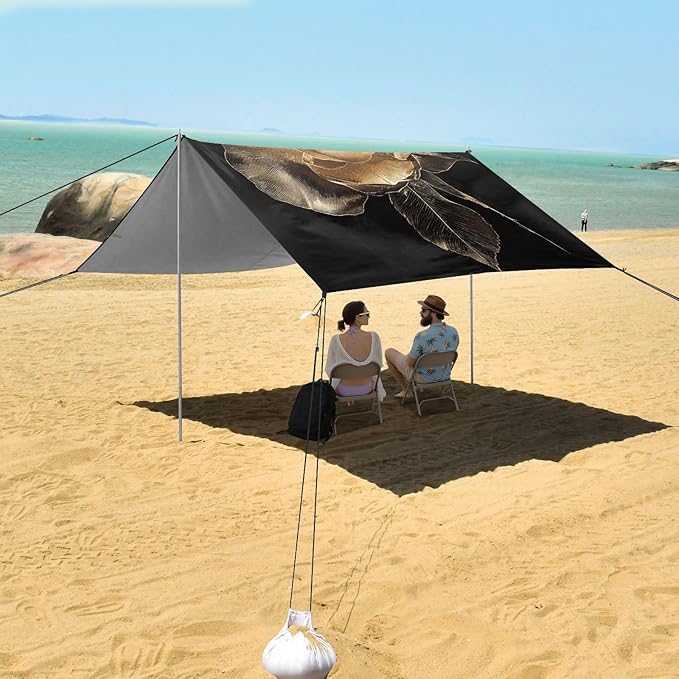 ALAZA Crystal Gold Rose Flower Beach Tent Sun Shelter UPF50+ Protection Beach Shade Canopy w/ 4 Sandbags for Outdoor Camping Fishing Backyard Fun Picnic 10x9 ft