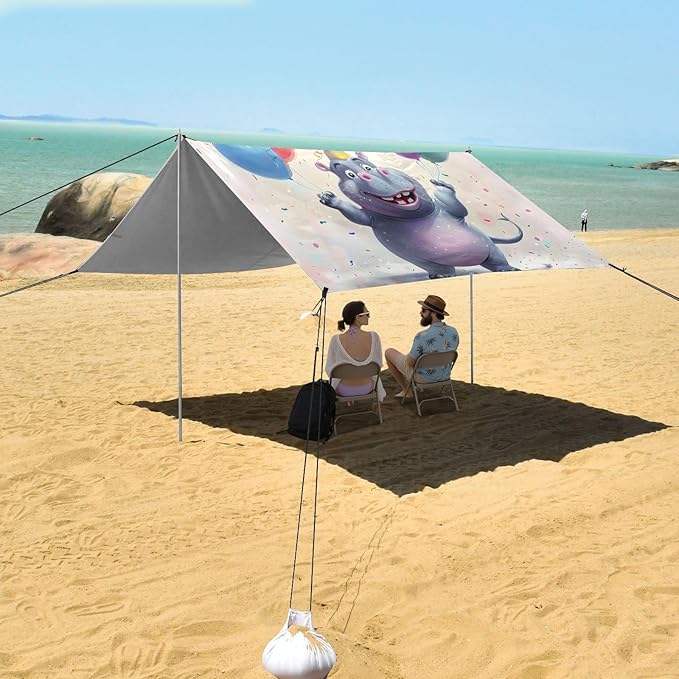 ALAZA Hippo and Balloons Beach Tent Sun Shelter UPF50+ Protection Beach Shade Canopy w/ 4 Sandbags for Outdoor Camping Fishing Backyard Fun Picnic 10x9 ft