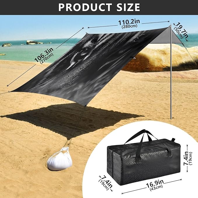 Hunting Tiger Eyes Beach Tent Sun Shelter Set UPF50+ UV Protection 10.5 x 9.19 FT Camping Shade Canopy with Sandbags Sand Anchors Carrying Bag and Others