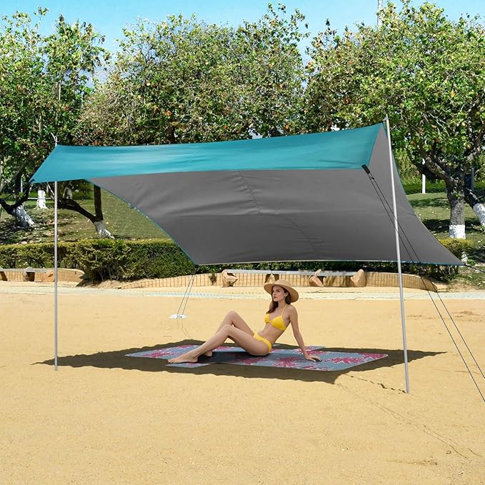 xigua Waves Beach Tent Sun Shelter with Carrying Bag - Silver Coated Oxford Fabric Beach Canopy for Beach Camping Fishing - Includes Windproof Ropes Sandbags &amp Stakes