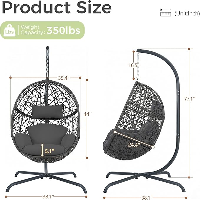 RADIATA Hanging Egg Chair with Stand Outdoor Swing Egg Chair with Thick Cushion Rattan Bird Cage Eggshell Basket Seat Patio Swinging Hammock Chair for Outside Backyard Dark Grey
