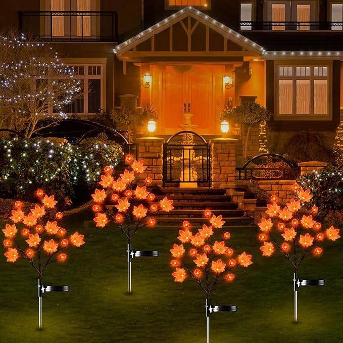 2 Pack Thanksgiving Decorations Lights Fall Decor Solar Lights Outdoor with 3D Maple Pumpkin 8 Modes Fall Thanksgiving Lights Outdoor Solar Lights Waterproof for Yard Decor