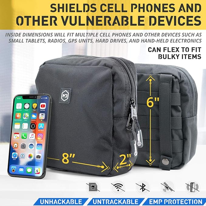 Mission Darkness MOLLE Faraday Pouch // Military-Grade Bag with RF Signal Blocking Liner Attaches to MOLLE Webbing Systems // Anti-Hacking &amp Tracking Assurance Data Privacy for Handheld Devices