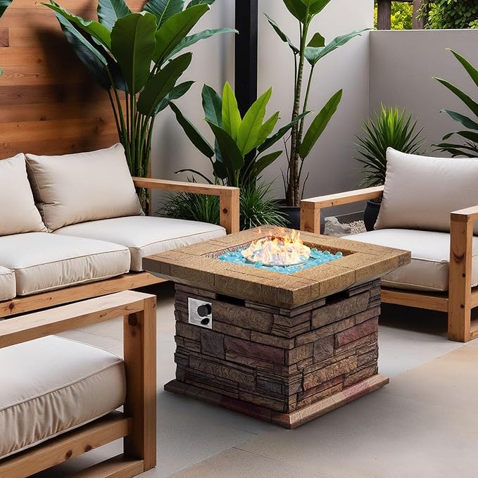32 Outdoor Propane Fire Pit Square Stonecrest Gas Firepit for Outside Patio Concrete Propane Fire Table 50000 BTU Gas Fire Pits with Lava Rocks CSA Certified Blue Fire Glass