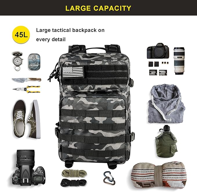 Zavothy 45L Military Tactical Backpack Army 3-Day Assault Pack Bug Out Bag for Hiking Camping | Army Bag Large Rucksack with Molle System
