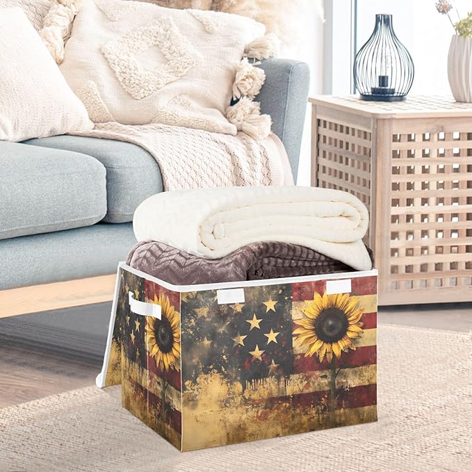 Storage Cube with Lid Sunflower American Print 16.5×12.6×11.8 IN Collapsible Large Capacity Foldable Storage Basket Bin Organizer