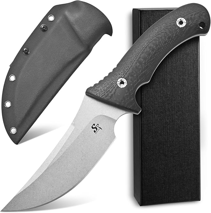 Sitivien ST31 Fixed Blade Knife N690 Stonewashed Steel Blade Carbon Fiber Handle Full Tang EDC Straight Knife for Outdoor Working Camping Hunting Fishing(Silver)