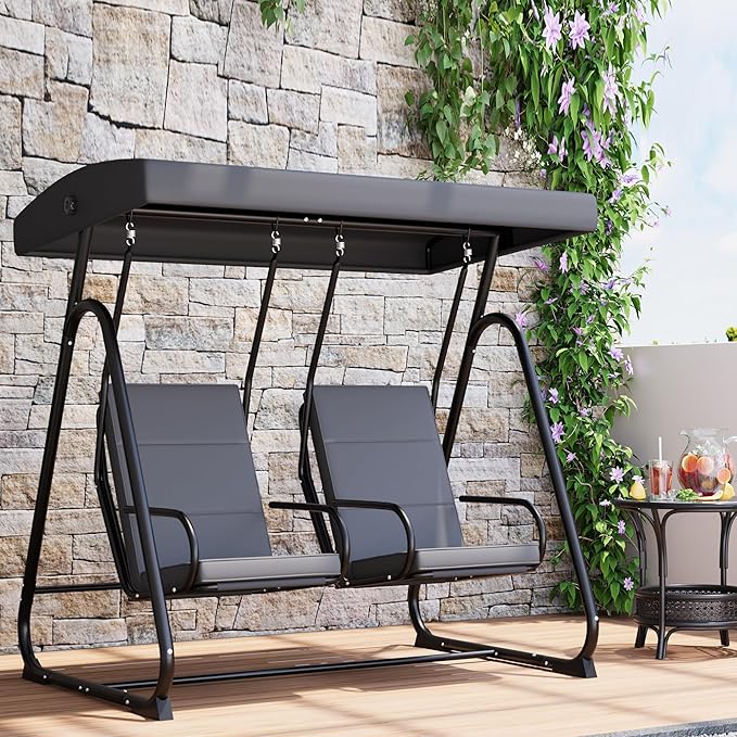 2-Person Patio Swing Chair with Adjustable Canopy - Heavy Duty Outdoor Swing Glider with Removable Cushions for Porch Garden Poolside &amp Backyard Relaxation Dark Grey
