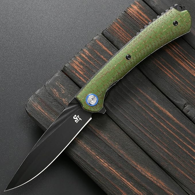 Sitivien ST144 Folding KnifeBlack Stonewashed 14C28N Steel BladeMicarta Handle Pocket Knife for Outdoor EDC CampingSurvivalHikingFishing(Green)