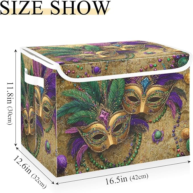 Mardi Gras Masks Yellow Storage Box with Lid 1 PC Foldable Storage Bin with Lids Stackable Storage Bins Cube Closet Organizer Basket with Flip-Top Lid &amp Handles for Shoes Books Towels