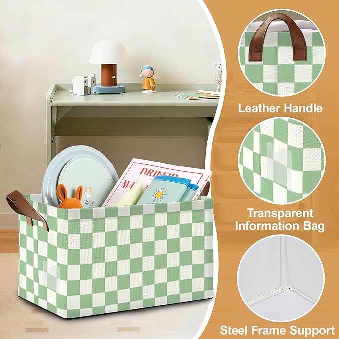 32L Large Storage Bins with Handles Basket Organizer for Shelves Closet Books Laundry &amp Home Decor (Racing Flag Grid)