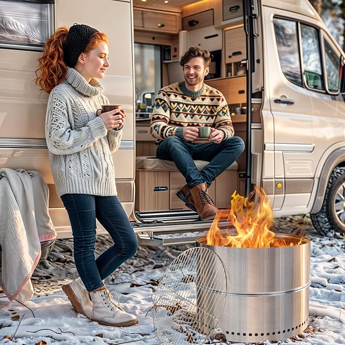 HGD 19.5 Inch Smokeless Firepit with Grill Portable Wood Burning Fire Pit for Camping &amp Backyard Stainless Steel Outdoor Fireplace with Travel Bag Easy Setup &amp Compact Storage - Foldable De
