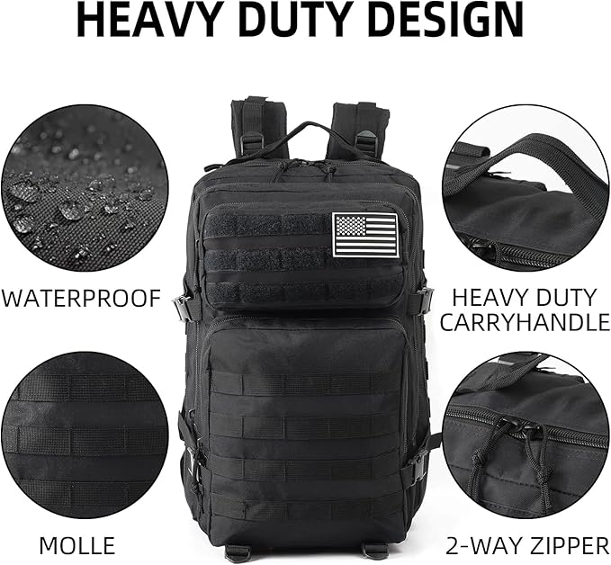 J.SH 45L Large Military Tactical Backpack for Men Army Assault Pack Bag with MOLLE System 3-Day Bug Out Bag for Outdoor Hiking Gym Tactical Missions Rugged Survival &amp Outdoor Rescue - Black