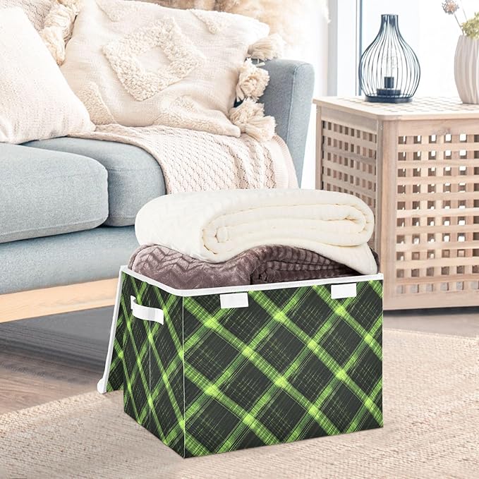 AIXIWAWA Lidded Storage Cube (Green Plaid) Fabric Foldable Closet Bins with Flip Lid and Handles Organizer Basket Container 16.5 x 12.6 x 11.8 IN