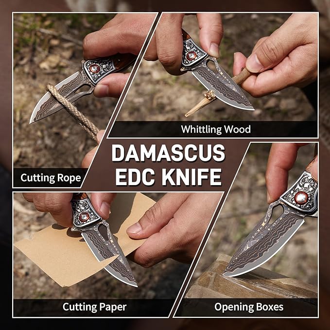 Damascus Pocket Knife Sharp 2.76 Copper Damascus Steel Blade and Wooden Handle Folding Knives for EDC Outdoor Camping Hiking Collection
