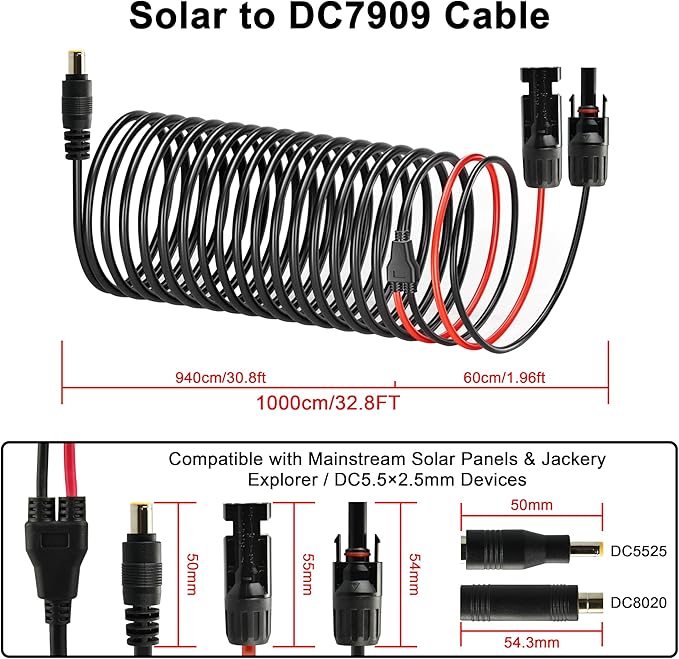 Boobrie 10m 32ft Solar Extension Cable Solar to DC7909 Cable with Solar Series Connector 14/12AWG Dual Gauge 221°F 300V for Power Stations Industrial UseRV Camping
