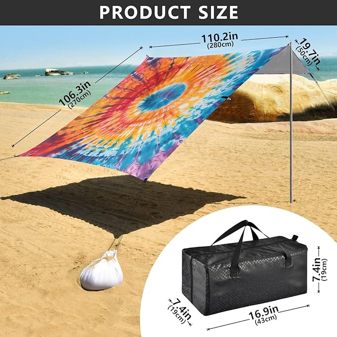 ALAZA Tie Dye Rainbow Color Beach Tent Sun Shelter UPF50+ Protection Beach Shade Canopy w/ 4 Sandbags for Outdoor Camping Fishing Backyard Fun Picnic 10x9 ft
