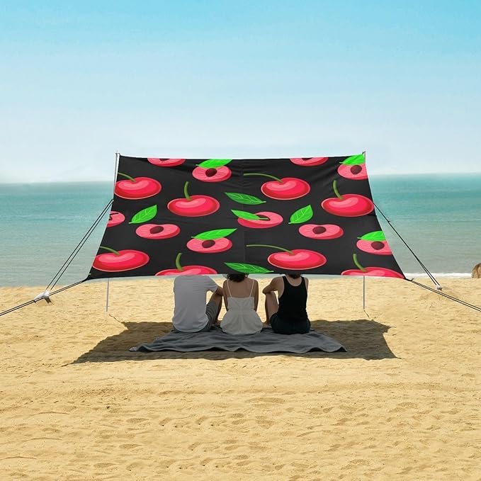Beach Canopy with Windproof Ropes &amp Sandbags Beach Tent Sun Shade Sun Shelter for Camping Trips Fishing Backyard Fun or Picnics Red Cherries