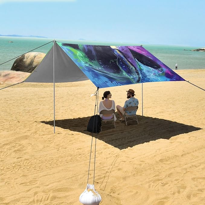 ALAZA Killer Whale Portrait Rainbow Beach Tent Sun Shelter UPF50+ Protection Beach Shade Canopy w/ 4 Sandbags for Outdoor Camping Fishing Backyard Fun Picnic 10x9 ft