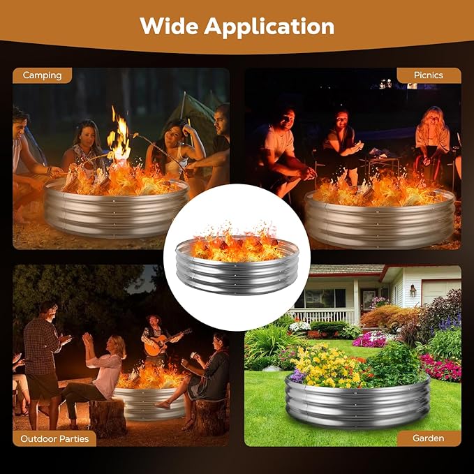 Raynesys 48 Inch Round Galvanized Fire Pit Ring Silver Round Galvanized Fire Ring 4 Feet Diameter Fire Pit Outdoor Pits for Backyard Camping Bonfire