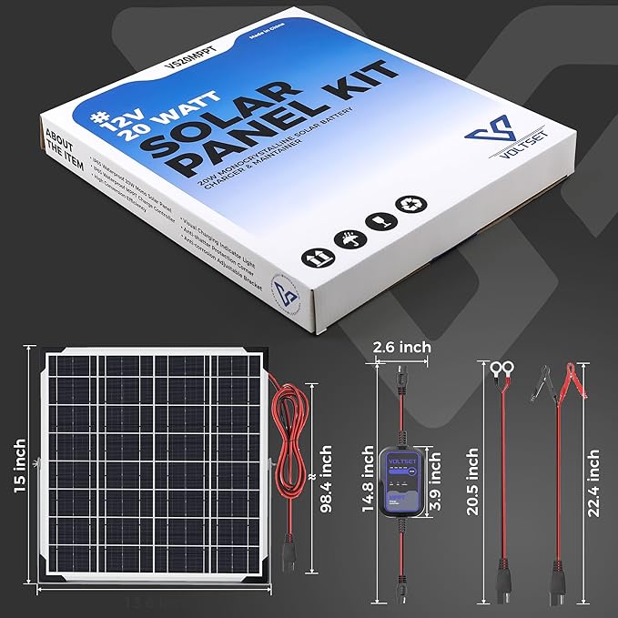 Voltset Solar Panel Kit 20W 12V with MPPT Controller Solar Battery Trickle Charger Maintainer Waterproof Solar Panel with Adjustable Mount Bracket for Boat RV Motorcycle Marine