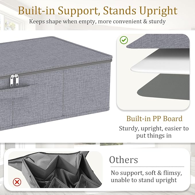 Yawinhe Foldable Underbed Storage Bags Containers Bin with Lids Large Under Bed Organizer Box with Sturdy Zipper und Label Holders for Clothing 31.5''Lx15.7''Wx6''H 4 Pack Grey