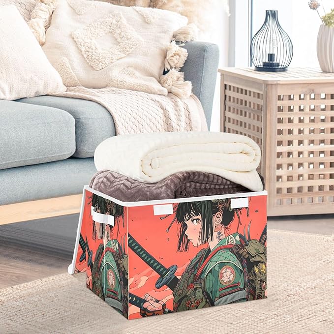Storage Cube with Lid Anime Japanese Samurai Print 16.5×12.6×11.8 IN Collapsible Large Capacity Foldable Storage Basket Bin Organizer