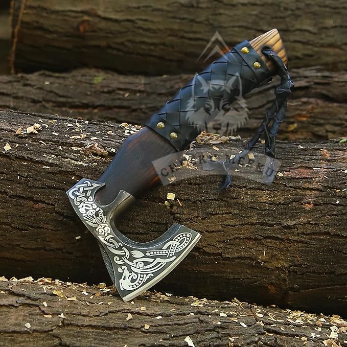 13 Custom Handmade Carbon Steel Real Viking Axe Hatchet Throwing and Camping Axe Birthday Gift for him Leather Wrapped Handle and Leather Sheath (FM 25)