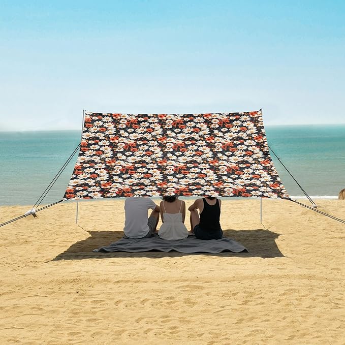 ALAZA Daisy Flowers Floral Beach Tent Sun Shelter UPF50+ Protection Beach Shade Canopy w/ 4 Sandbags for Outdoor Camping Fishing Backyard Fun Picnic 10x9 ft