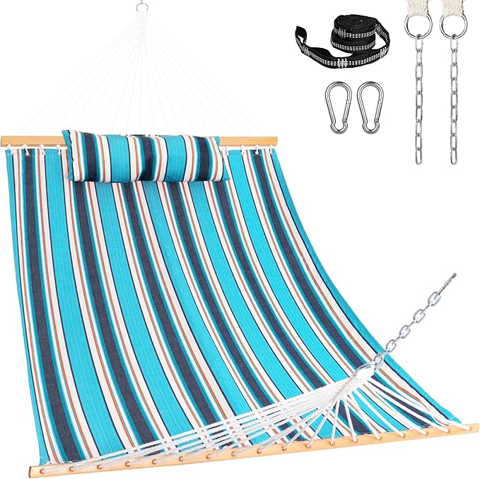 Lazy Daze Hammocks 12 FT Sunbrella Fabric Hammock not Fading with Spreader Bars and Free Pillow Fits for 2 Persons All Weather and Fade Resistant for Patio Yard 450 lbs Capacity Token Surfside