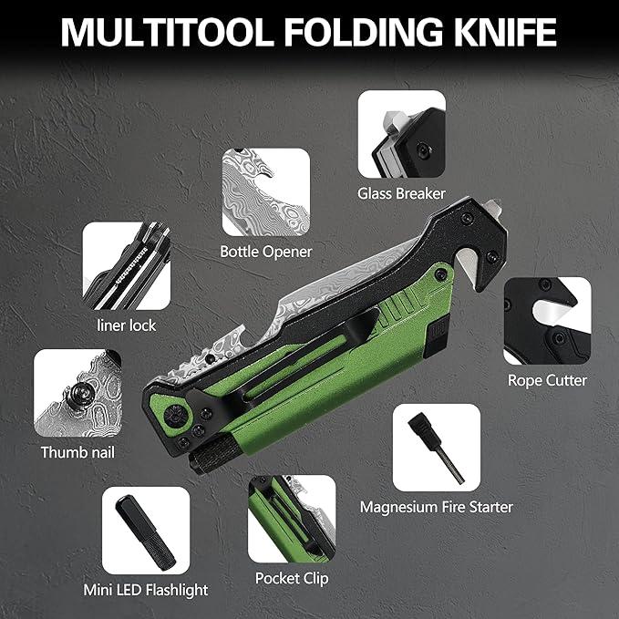 Father's Day Mother’s Day Birthday Gift for Him/Her: ALBATROSS 7-in-One Multi-Tool Pocket Knife for Men Women with LED Flashlight Fire Starter &amp Glass Breaker 3.5 Damascus Folding Survival Kn